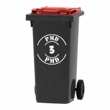 a black trash can with a red lid