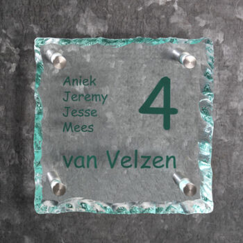 Glazen naambord helder glas met gebrokkelde randen BG4 PlakHet