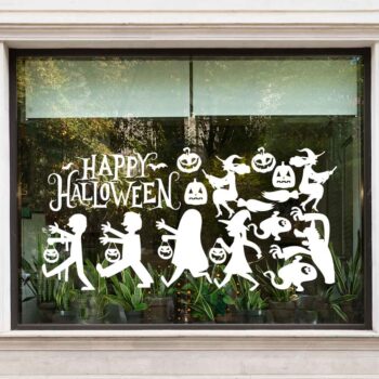 Trick or treat raamsticker set met verklede kinderen en de tekst Happy Halloween