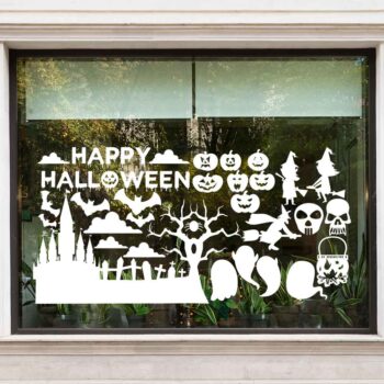 Halloween raamdecoratie set met pompoenen, heksen, spookjes en een kasteel