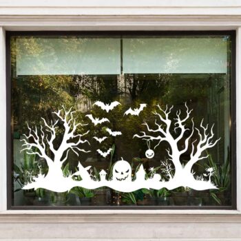 Halloween rand raamsticker van 100 x 50 cm met kale bomen, vleermuizen en een pompoen