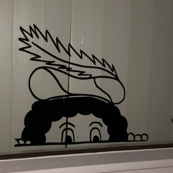 a drawing of a face on a window