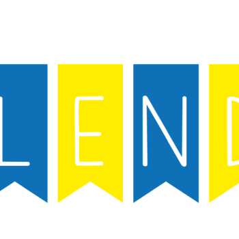 a blue yellow and green flag with black text