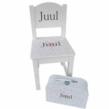 Geboortestoel en kinderkoffertje flamingo met naam PlakHet