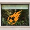 EK WK Raamsticker voetbal in vlam 3 a window with a football ball on it