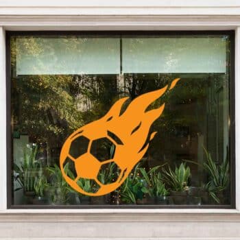 a window with a football ball on it