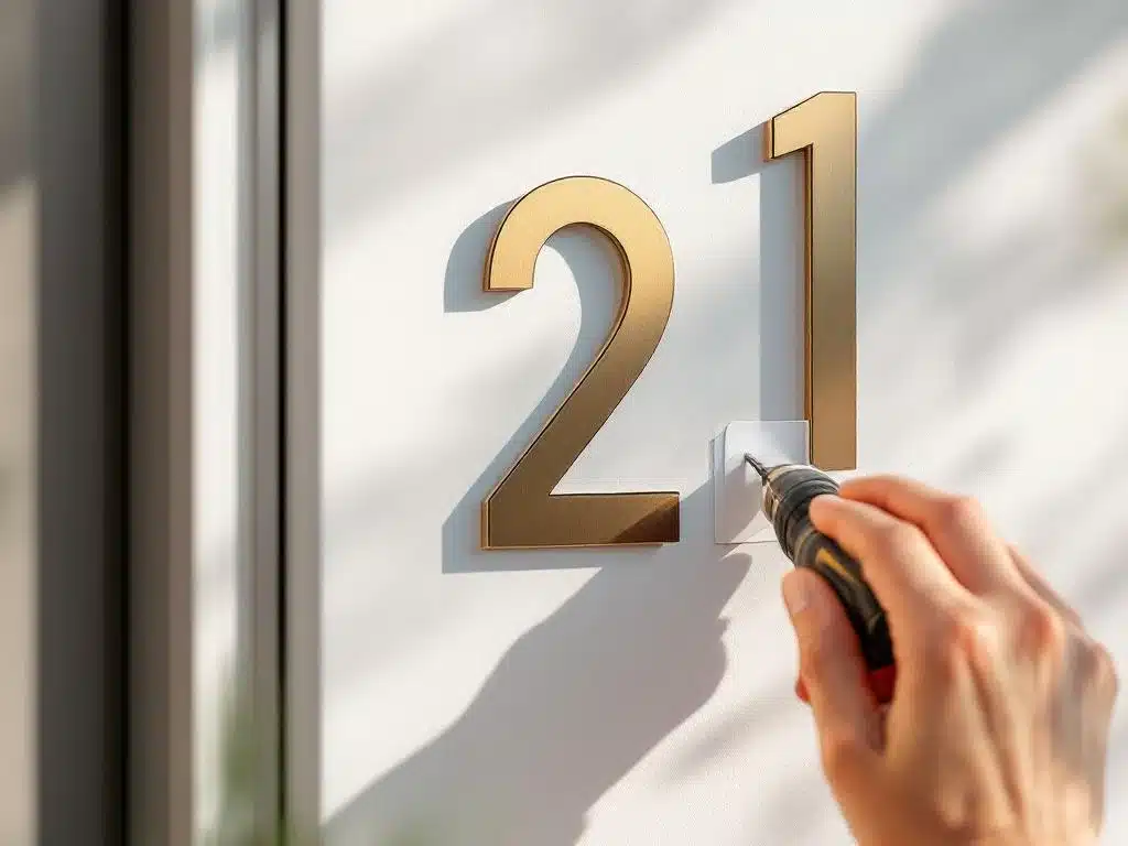 Moderne huisnummers van metaal worden zonder boren bevestigd aan witte buitenmuur met sterke 3M-kleefstrip