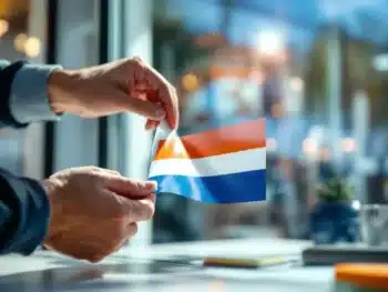 Handen brengen kleurrijke custom sticker aan op glazen oppervlak met professionele installatietechniek in daglicht