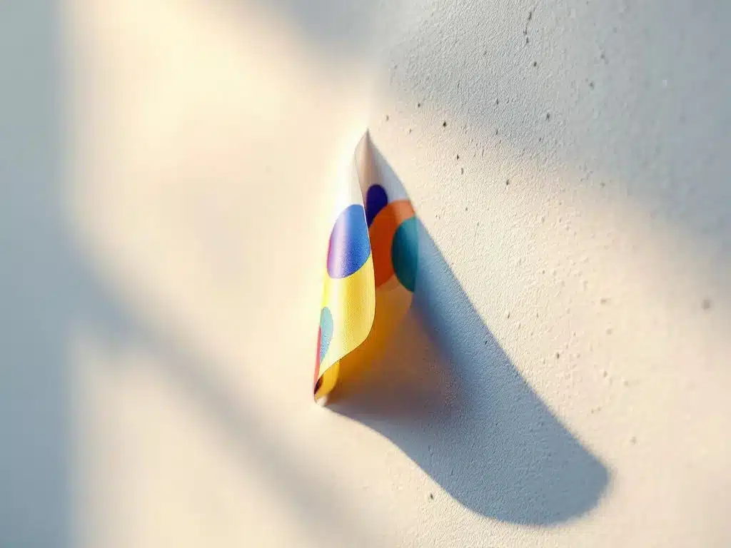 Kleurrijke sticker wordt voorzichtig van witte muur gepeld, met zichtbare lijmresten en dramatische zijverlichting