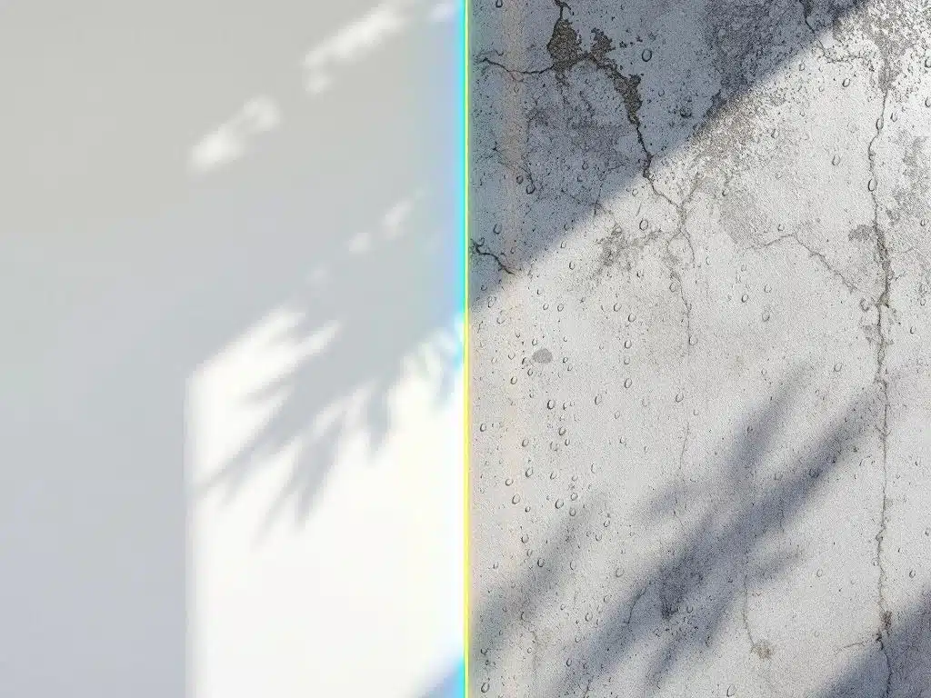 Split-screen vergelijking van PlakHet stickers: binnenmuur met glanzende decoratieve stickers versus weerbestendige buitenstickers