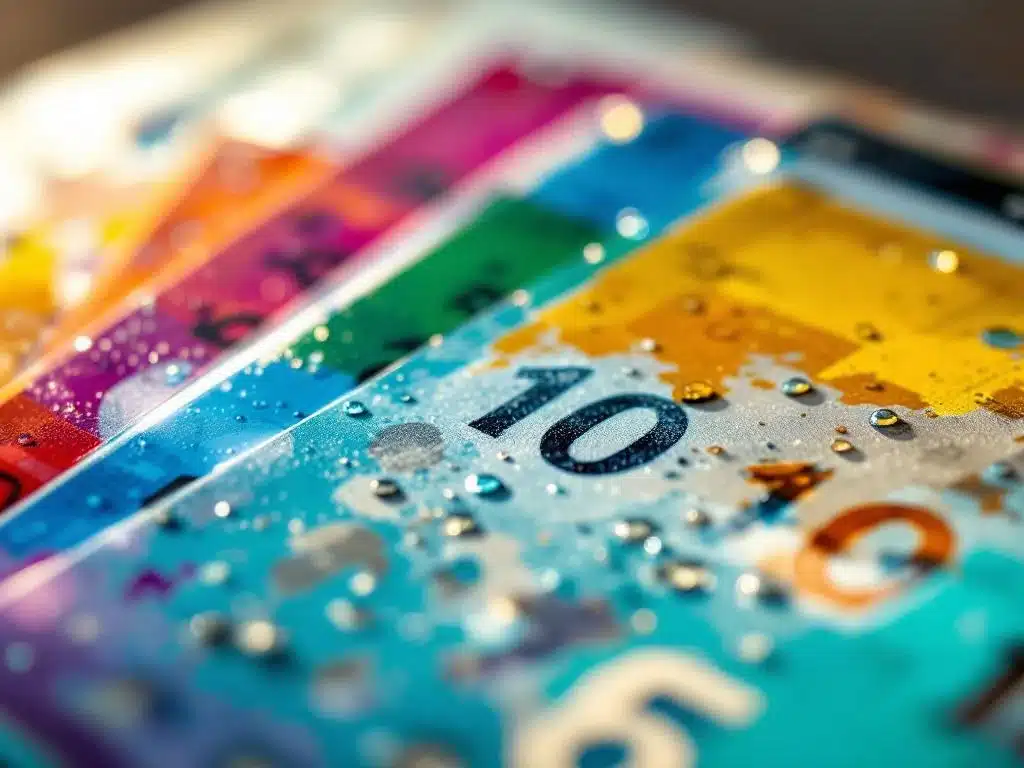 Hoogwaardige vinyl stickers in verschillende stadia van verwering, van levendige nieuwe tot licht vervaagde exemplaren