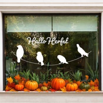 Herbruikbare raamsticker herfst met vrolijke vogels op een lijn, ideaal voor gezellige raamdecoratie. Hallo Herfst - Vogels op lijn