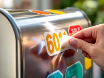 Hand die weerbestendige huisnummersticker op glanzende metalen brievenbus aanbrengt met kleurrijke vinylstickers