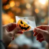 Handen verwijderen voorzichtig herbruikbare Halloween raamsticker met pompoen-ontwerp van schoon glas