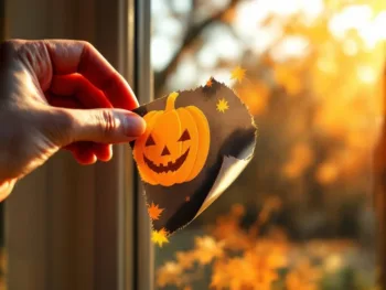 Hand test hoek van oranje pompoen Halloween sticker die loslaat van raam met herfstzonlicht en schaduwen