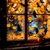 Halloween raamstickers op venster in verschillende maten van 5-30cm, met vleermuizen, spoken en pompoenen in oranje en zwart