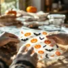 Handen met handschoenen verwijderen Halloween raamstickers met pompoen en vleermuis designs van glas voor opslag