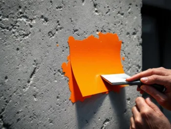 Handen bevestigen oranje huisnummer sticker op ruwe betonnen muur met professioneel gereedschap