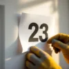 Persoon in werkhandschoenen herpositioneert scheef huisnummer 23 sticker op witte deur