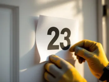 Persoon in werkhandschoenen herpositioneert scheef huisnummer 23 sticker op witte deur