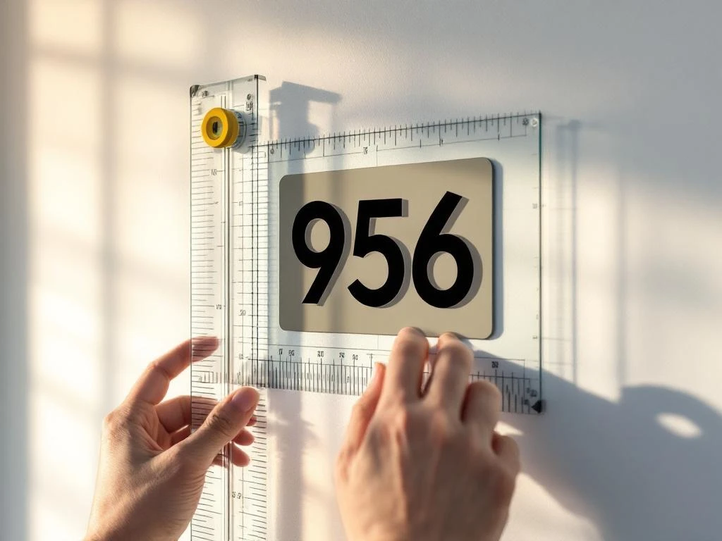 Handen plaatsen huisnummersticker op witte muur met liniaal en waterpas als uitlijningshulpmiddelen