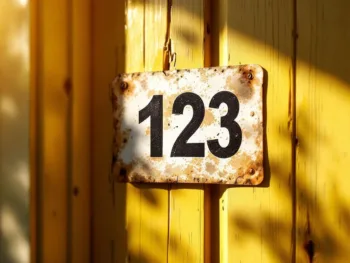 Verweerd huisnummer 123 sticker op zongebleekte houten deur met UV-schade en loslaten randen in Nederlands woongebied