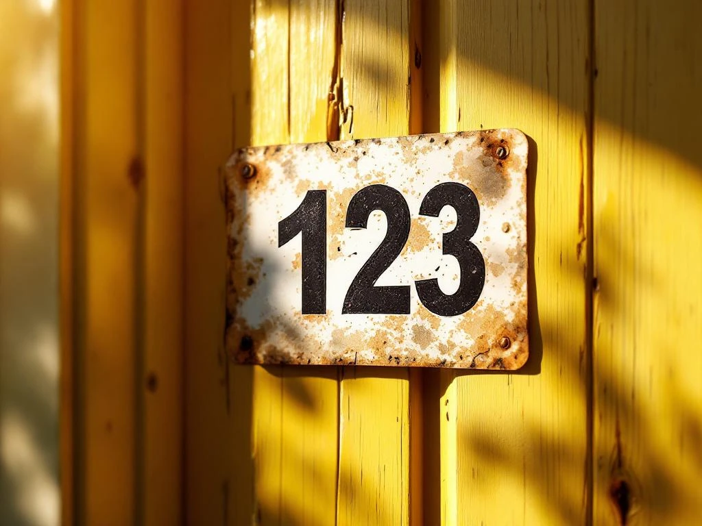 Verweerd huisnummer 123 sticker op zongebleekte houten deur met UV-schade en loslaten randen in Nederlands woongebied