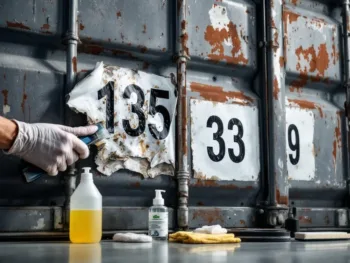 Gehandschoende handen verwijderen versleten huisnummersticker van container met schraper, nieuwe sticker en gereedschap klaar