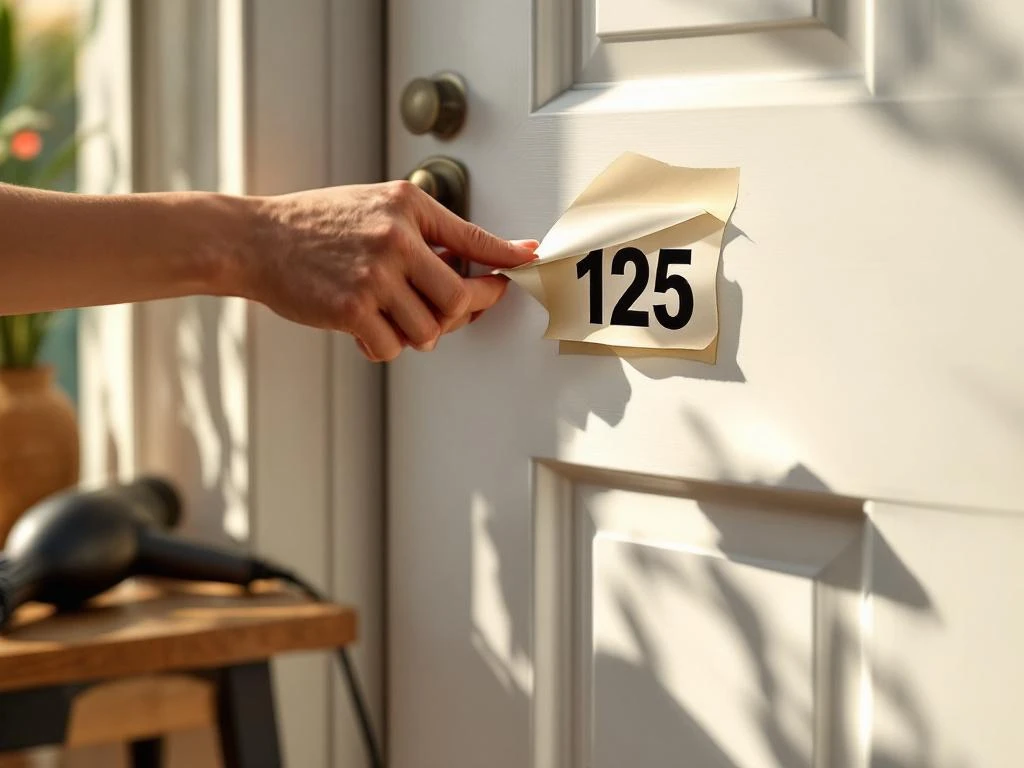 Hand die huisnummersticker voorzichtig van witte voordeur pelt, half verwijderd met föhn ernaast op houten oppervlak