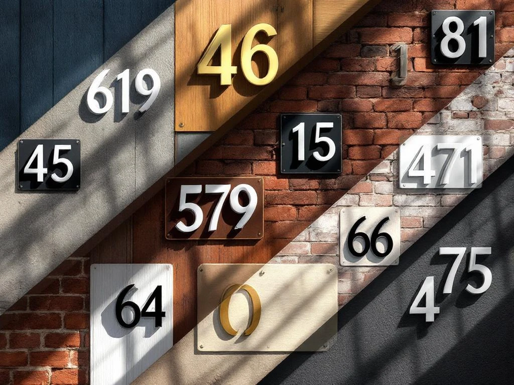 Huisnummerstickers in verschillende kleurcombinaties op deuren en muren, toont contrast en leesbaarheid op materialen.