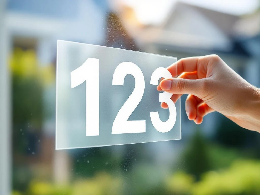 Hand brengt vinyl huisnummer stickers "123" aan op helder glas met waterdruppels in natuurlijk daglicht