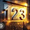 Welke garantie krijg je op huisnummer stickers? 1 Premium metallic huisnummer stickers "123" op moderne donkere voordeur met waterdruppels en zonlicht reflectie