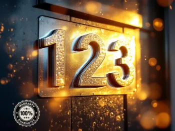 Premium metallic huisnummer stickers "123" op moderne donkere voordeur met waterdruppels en zonlicht reflectie