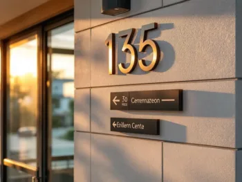 Moderne huisgevel met stijlvolle metallic huisnummers en gecoördineerde bewegwijzering tijdens gouden uur