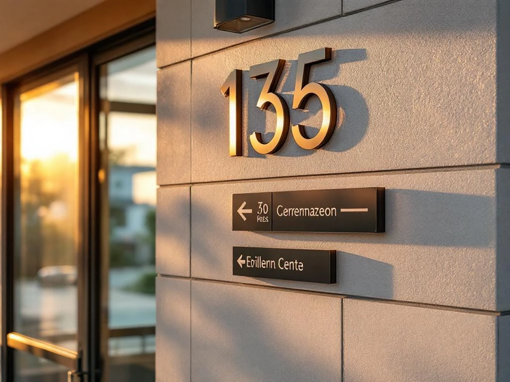 Moderne huisgevel met stijlvolle metallic huisnummers en gecoördineerde bewegwijzering tijdens gouden uur