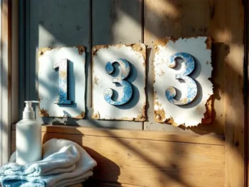 Verweerde huisnummerstickers op voordeur in verschillende stadia van slijtage met schoonmaakmiddelen ernaast