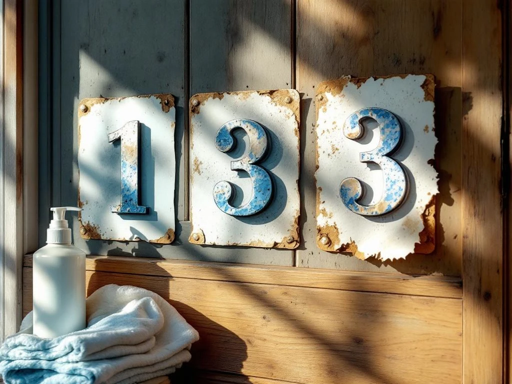 Verweerde huisnummerstickers op voordeur in verschillende stadia van slijtage met schoonmaakmiddelen ernaast