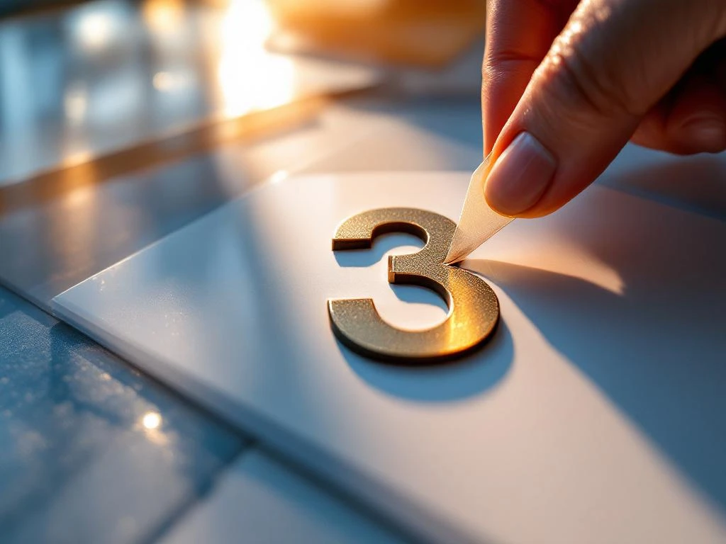 Moderne huisnummer stickers worden aangebracht op wit plastic oppervlak, metalen "3" sticker wordt zorgvuldig gepositioneerd