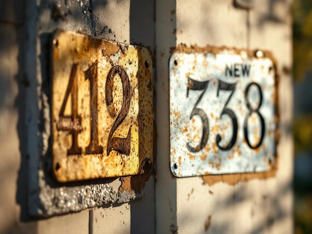 Verweerde huisnummer stickers met vervaging naast nieuwe UV-resistente sticker op gevel, toont verschil in kwaliteit