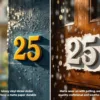 Huisnummer stickers vergelijking: duurzame vinyl "25" versus versleten papier "25" op houten deur