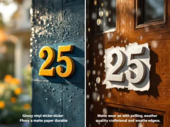 Huisnummer stickers vergelijking: duurzame vinyl "25" versus versleten papier "25" op houten deur