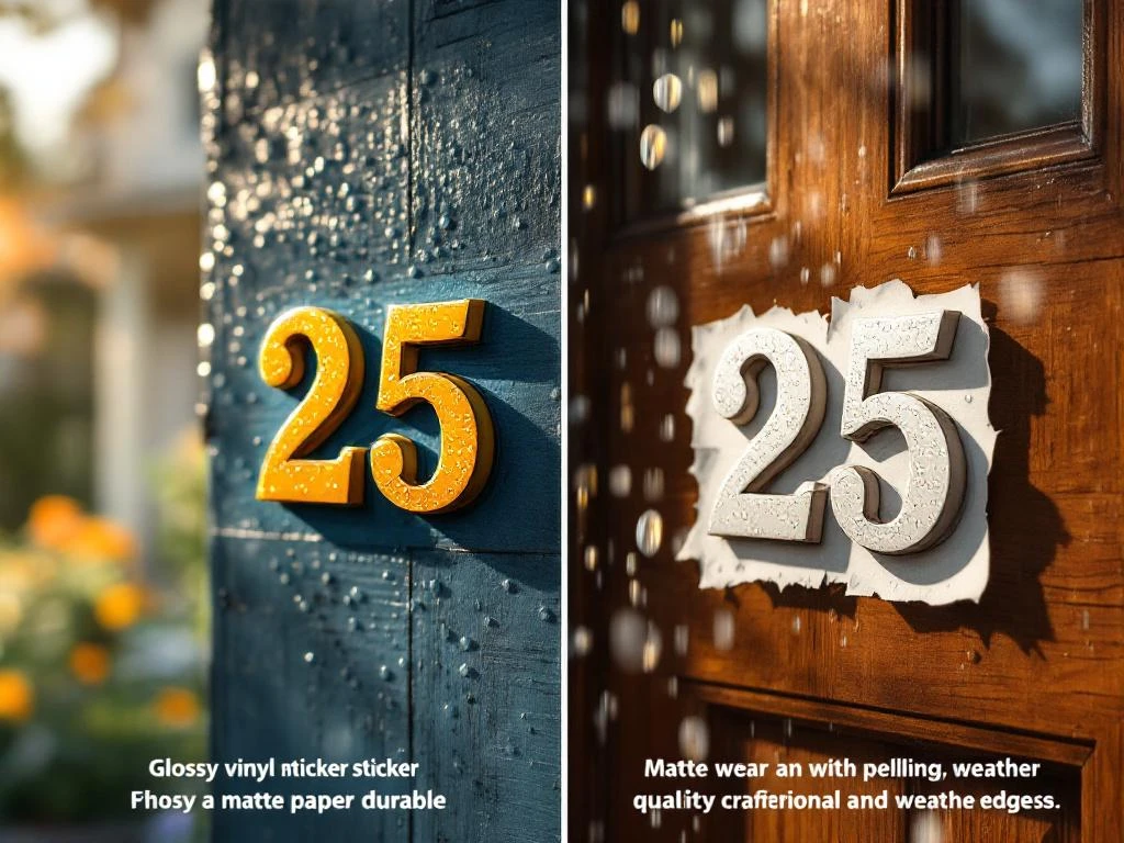 Huisnummer stickers vergelijking: duurzame vinyl "25" versus versleten papier "25" op houten deur