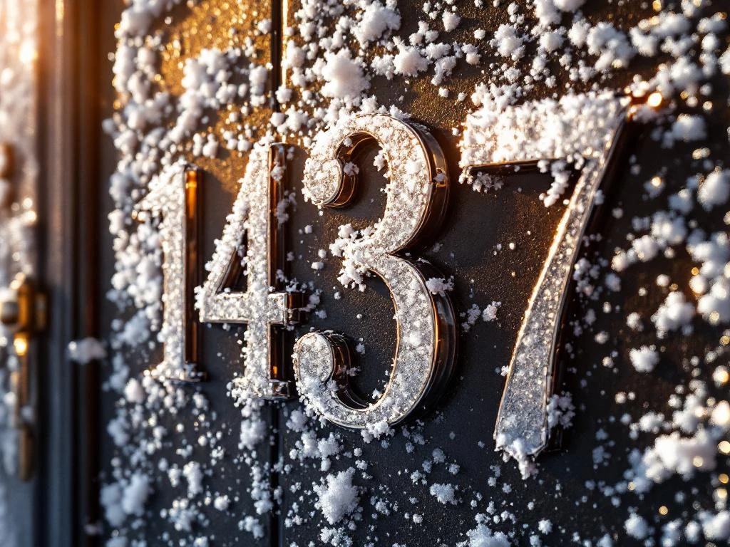 Huisnummerstickers op voordeur met ijs: zilverkleurige cijfers, sommige goed gehecht, andere afbladerend door vorst