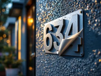 Weerbestendige huisnummer stickers worden aangebracht op getextureerde buitenmuur met regendruppels en sterke lijm