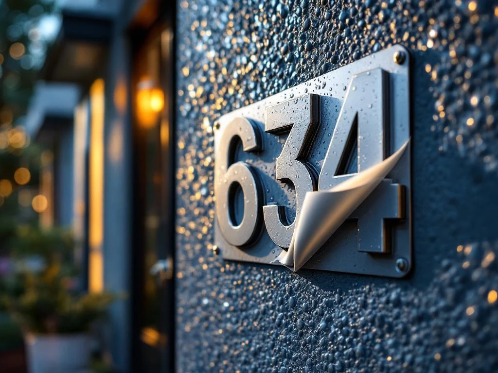 Weerbestendige huisnummer stickers worden aangebracht op getextureerde buitenmuur met regendruppels en sterke lijm