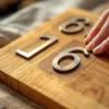 Kun je huisnummer stickers op hout bevestigen? 2 Handen die metalen huisnummerstickers aanbrengen op elegant houten naambord met warme houtnerf textuur