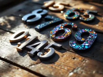 Moderne huisnummers in verschillende materialen - aluminium, LED, steen en mozaïek - gerangschikt op houten oppervlak