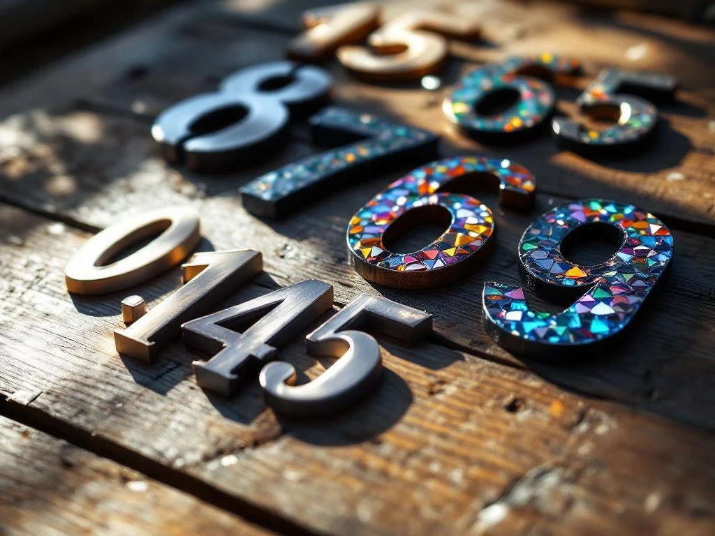 Moderne huisnummers in verschillende materialen - aluminium, LED, steen en mozaïek - gerangschikt op houten oppervlak