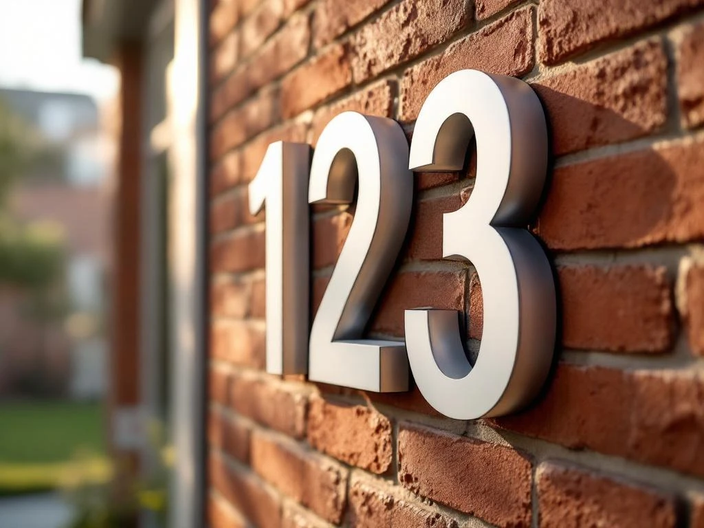 Moderne huisnummers 123 in verschillende lettertypes op bakstenen muur, met wit, zwart en metallic afwerkingen