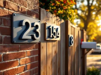 Moderne huisnummers in verschillende groottes op bakstenen muur, houten hek en brievenbus in residentiële straat